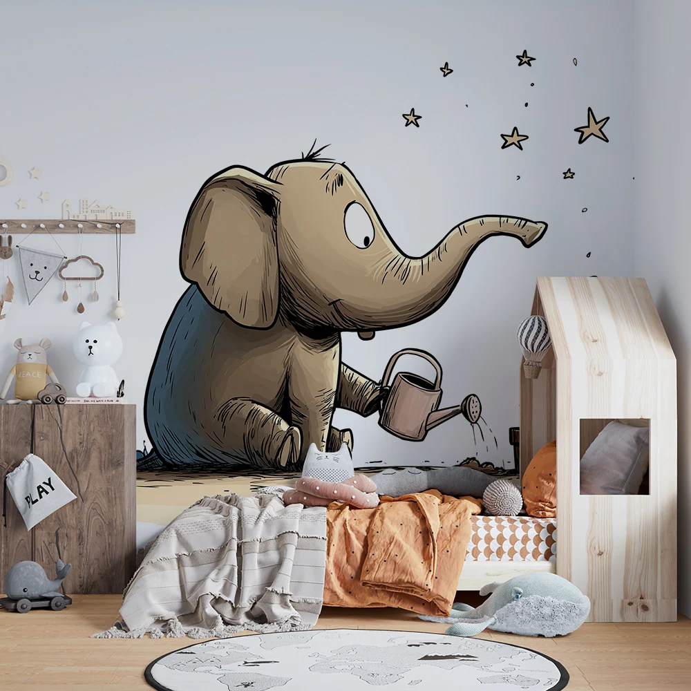 Papier de parede quarto crianç | Elefante jardineiro regando plantas sob as estrelas