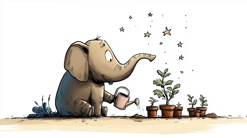 Papier de parede quarto crianç | Elefante jardineiro regando plantas sob as estrelas
