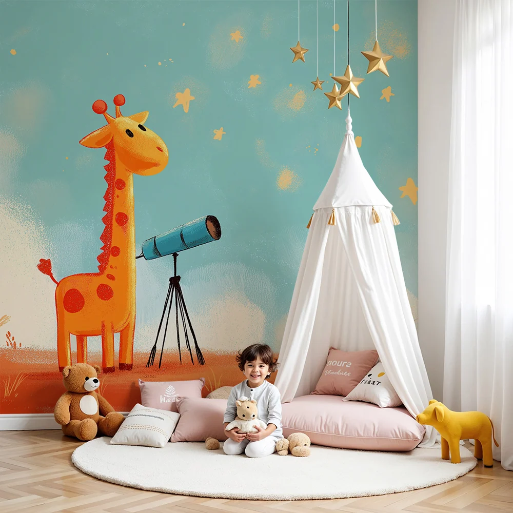 Papier de parede quarto crianç | Girafa curiosa observando as estrelas com um telescópio
