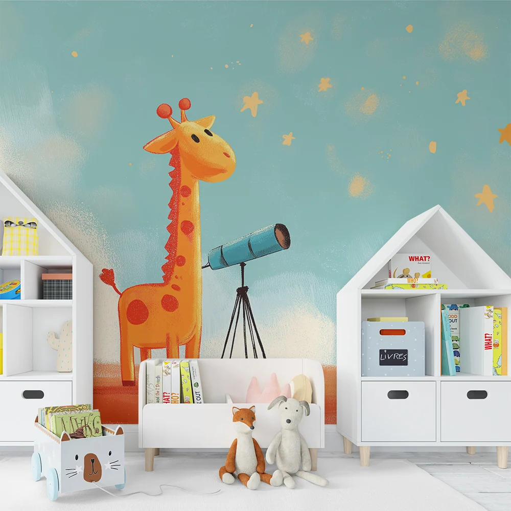 Papier de parede quarto crianç | Girafa curiosa observando as estrelas com um telescópio