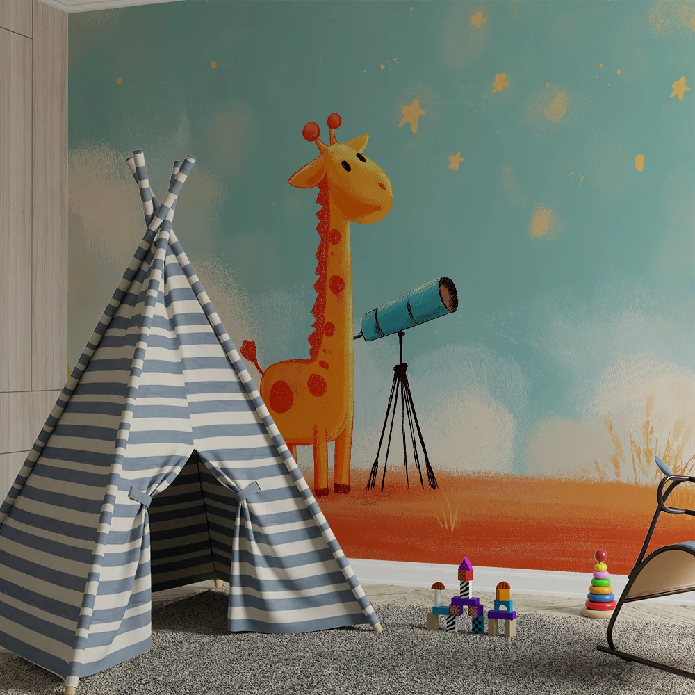 Papier de parede quarto crianç | Girafa curiosa observando as estrelas com um telescópio