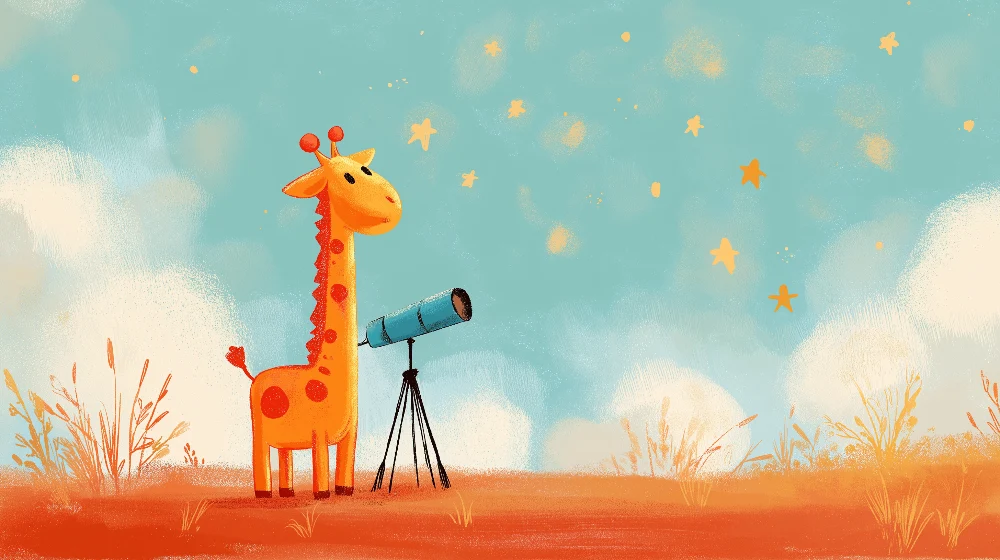 Papier de parede quarto crianç | Girafa curiosa observando as estrelas com um telescópio