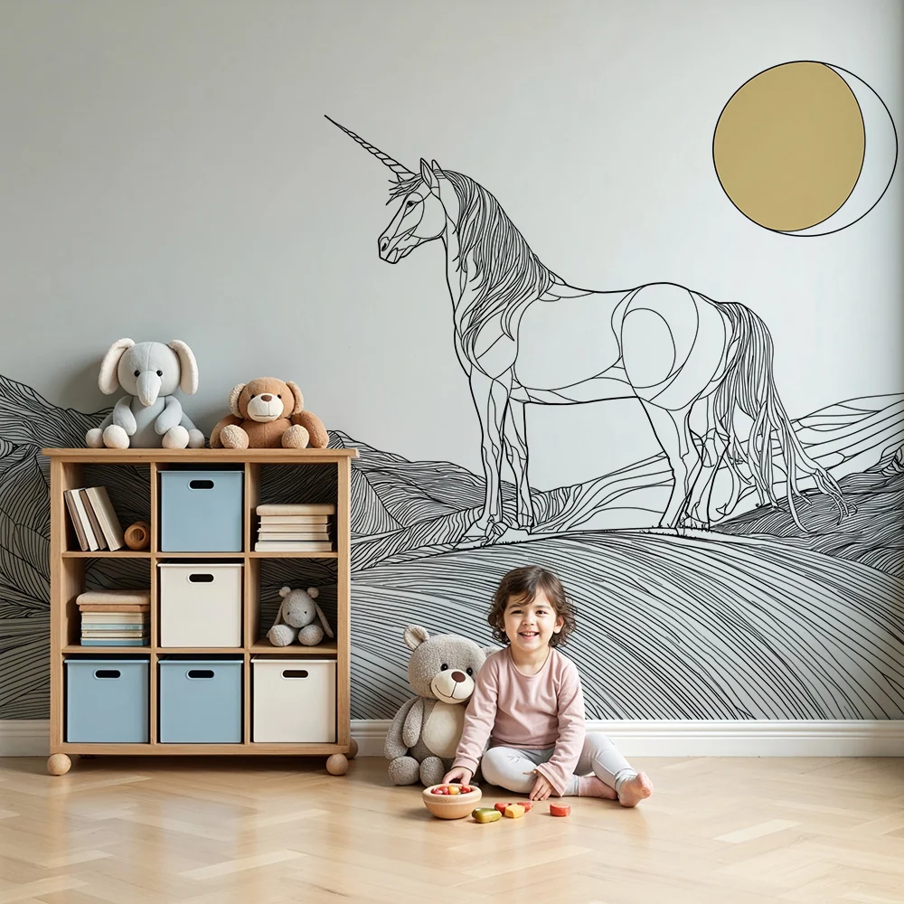 Papier de parede quarto crianç | Majestátní jednorožec na abstraktní krajině