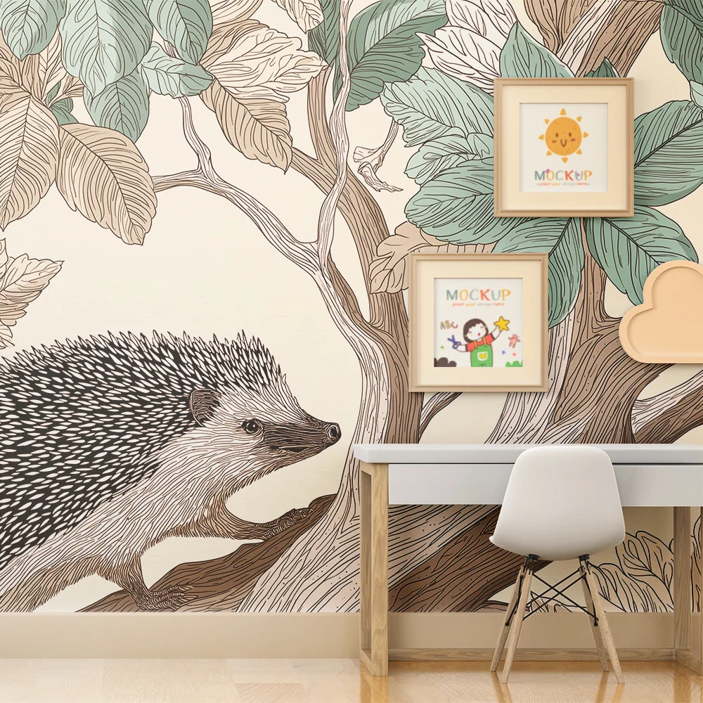 Papier de parede quarto crianç | Ouriço explorador entre as folhagens delicadas