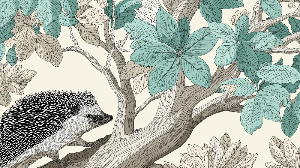 Papier de parede quarto crianç | Ouriço explorador entre as folhagens delicadas