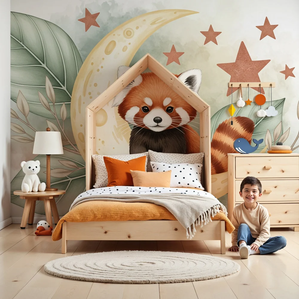 Papier de parede quarto de crianç | Panda vermelho na lua