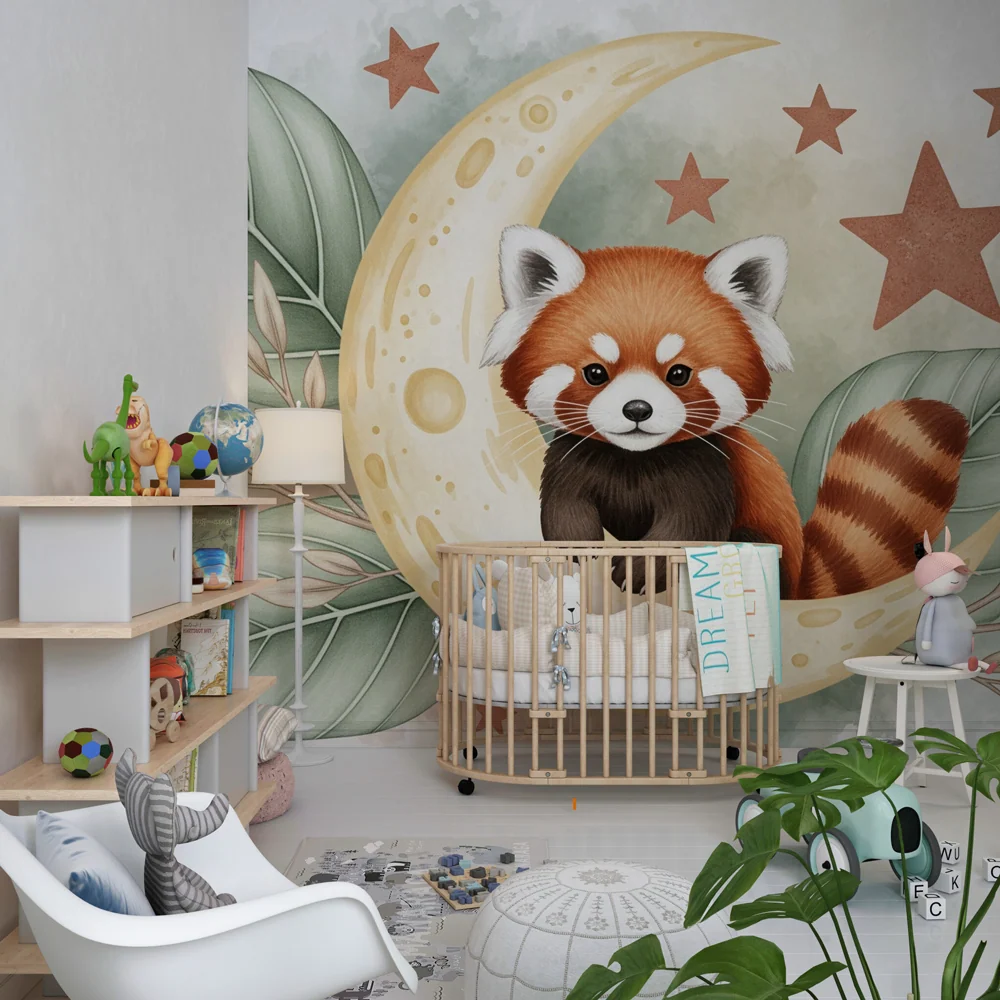 Papier de parede quarto de crianç | Panda vermelho na lua