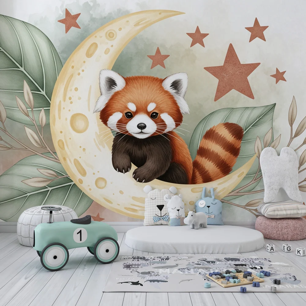 Papier de parede quarto de crianç | Panda vermelho na lua