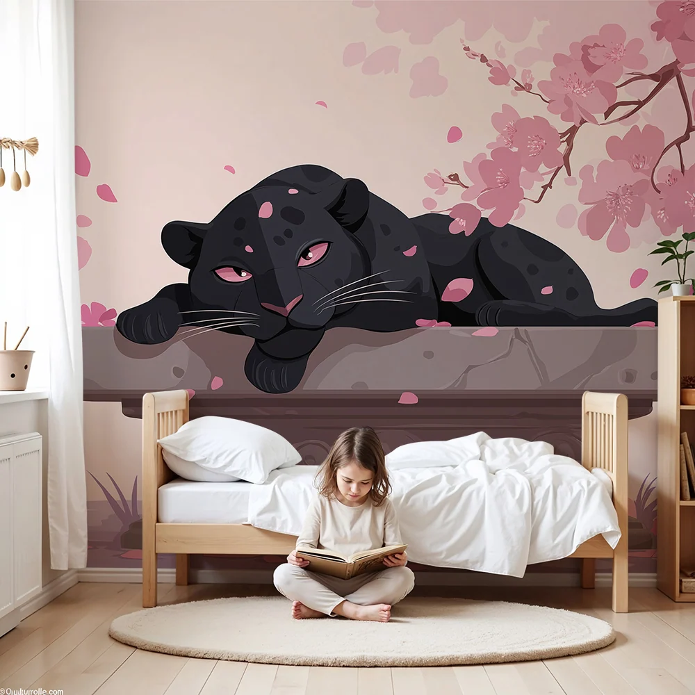Papier de parede quarto crianç | Pantera negra pacífica sob as cerejeiras em flor