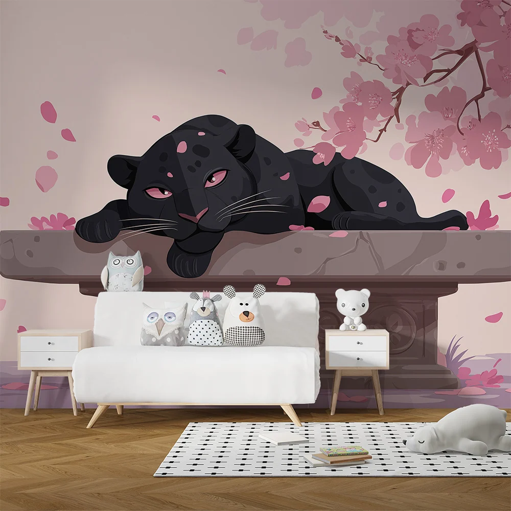 Papier de parede quarto crianç | Pantera negra pacífica sob as cerejeiras em flor