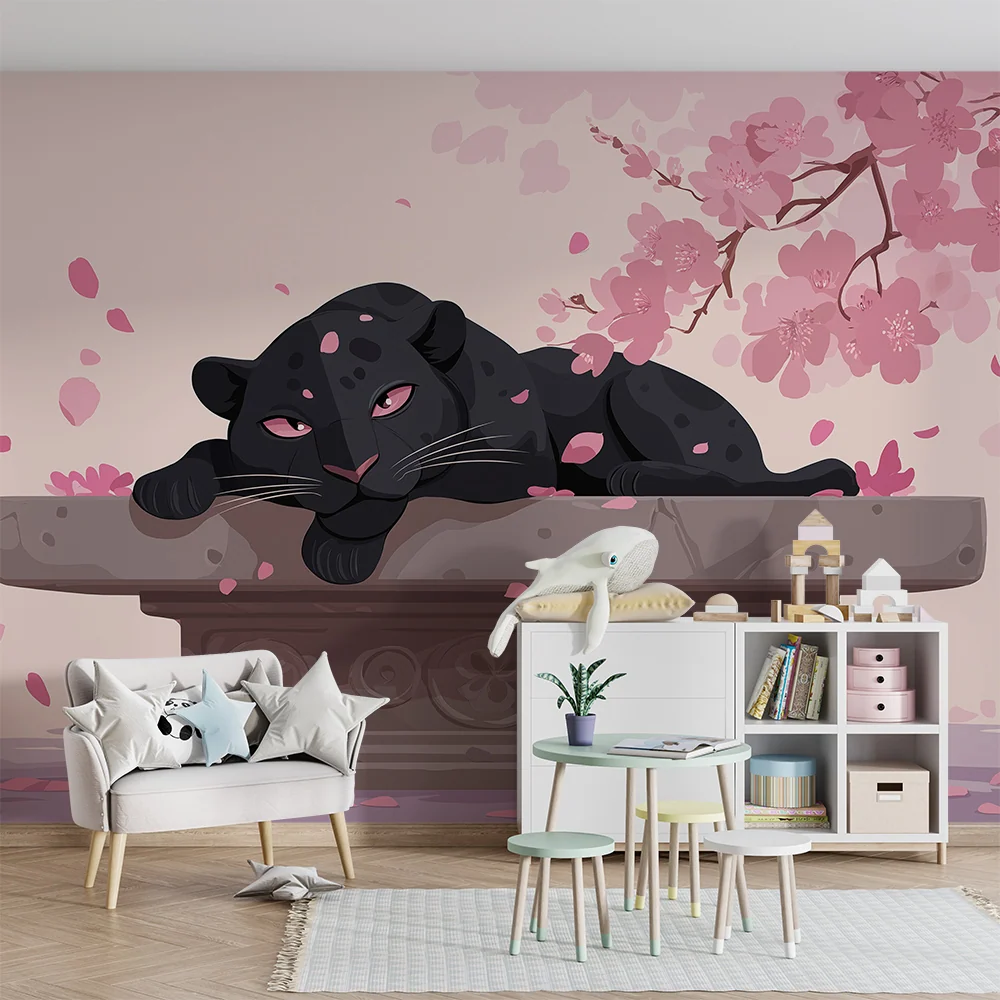 Papier de parede quarto crianç | Pantera negra pacífica sob as cerejeiras em flor