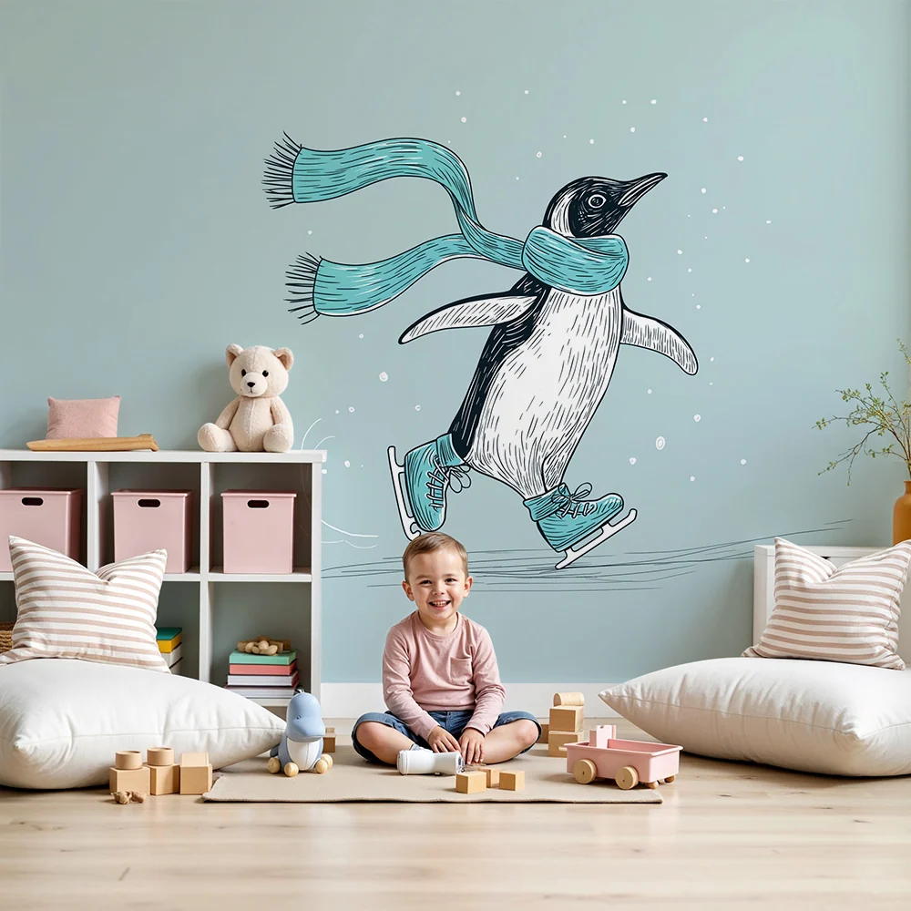 Papier de parede quarto crianç | Pinguim patinando com cachecol em um cenário de inverno