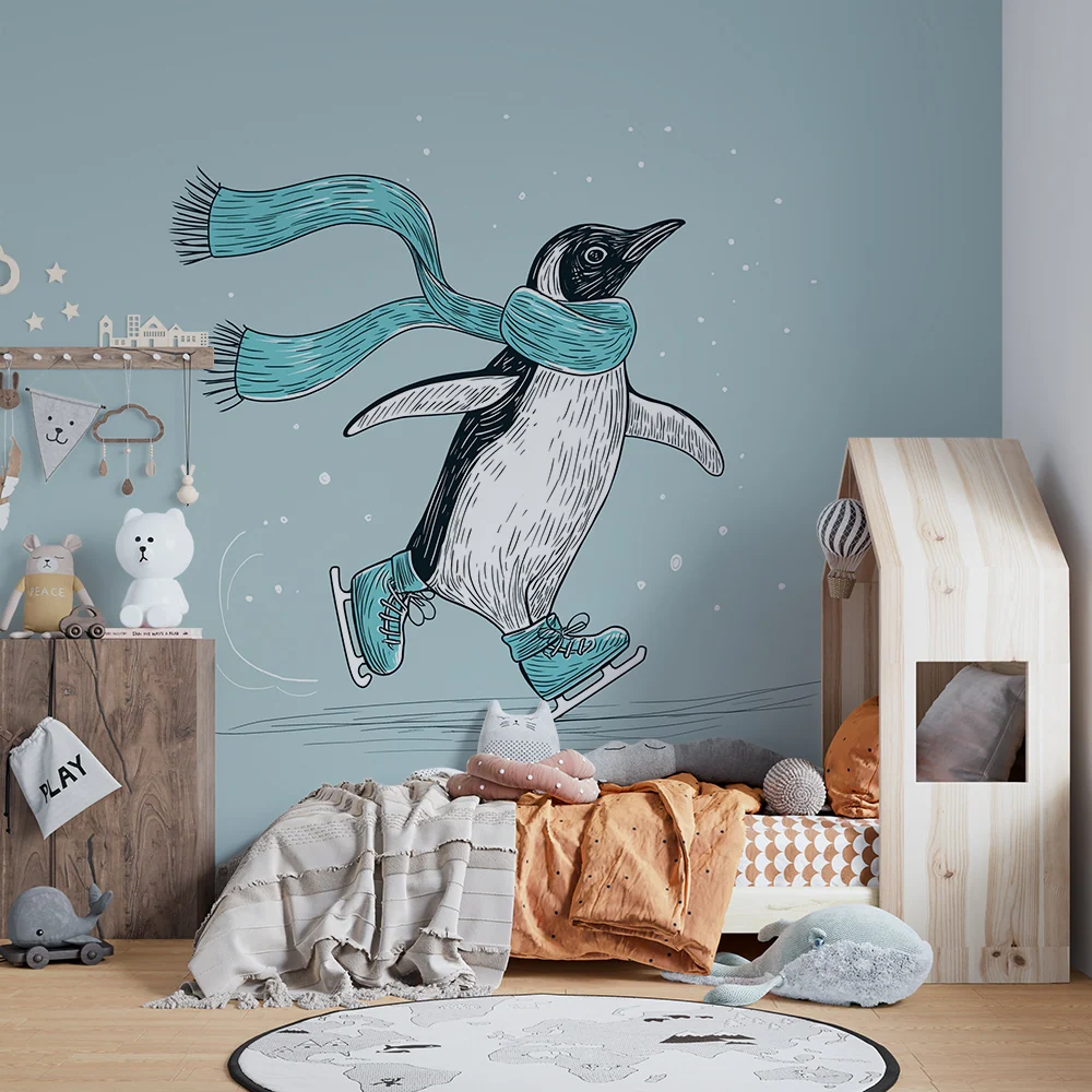Papier de parede quarto crianç | Pinguim patinando com cachecol em um cenário de inverno