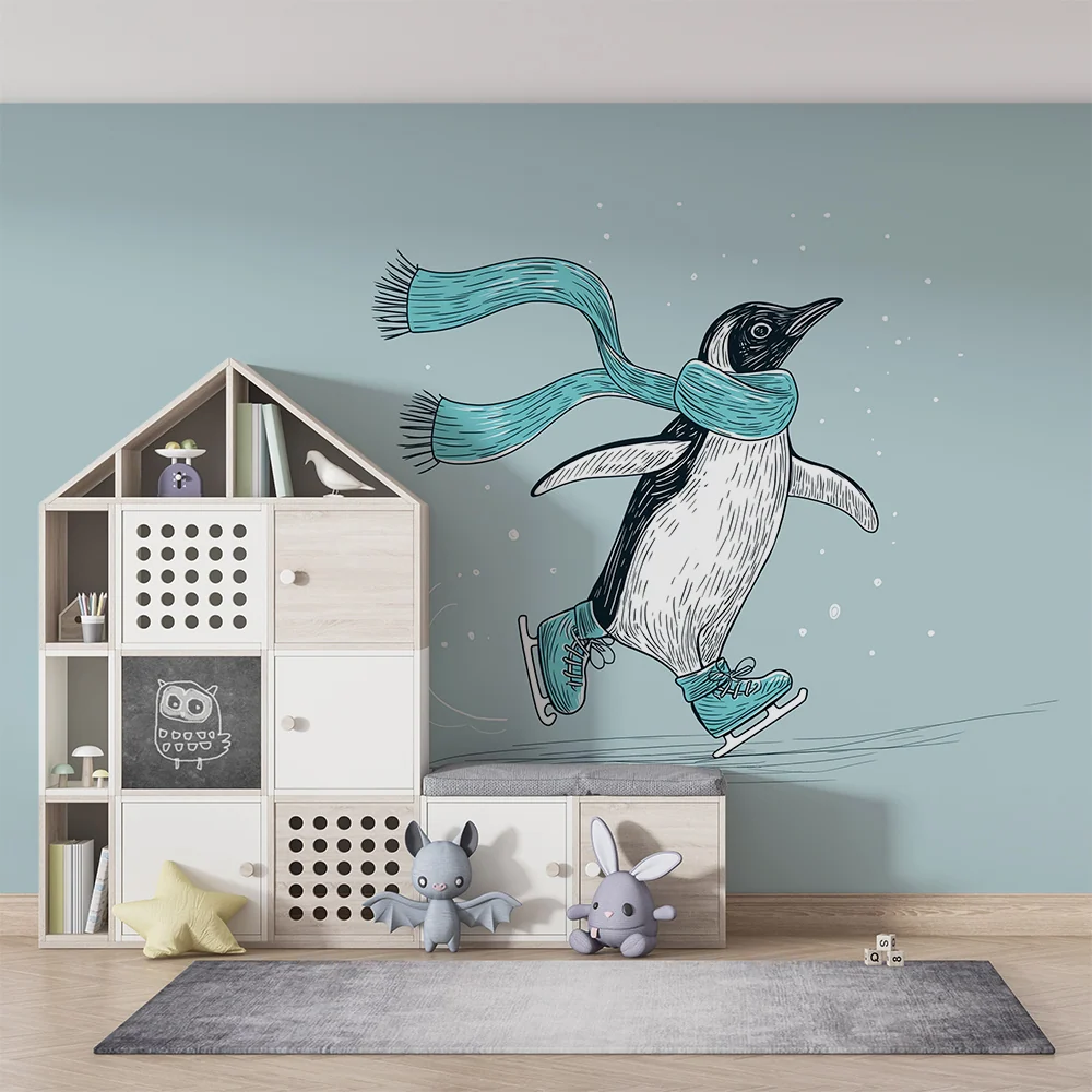 Papier de parede quarto crianç | Pinguim patinando com cachecol em um cenário de inverno