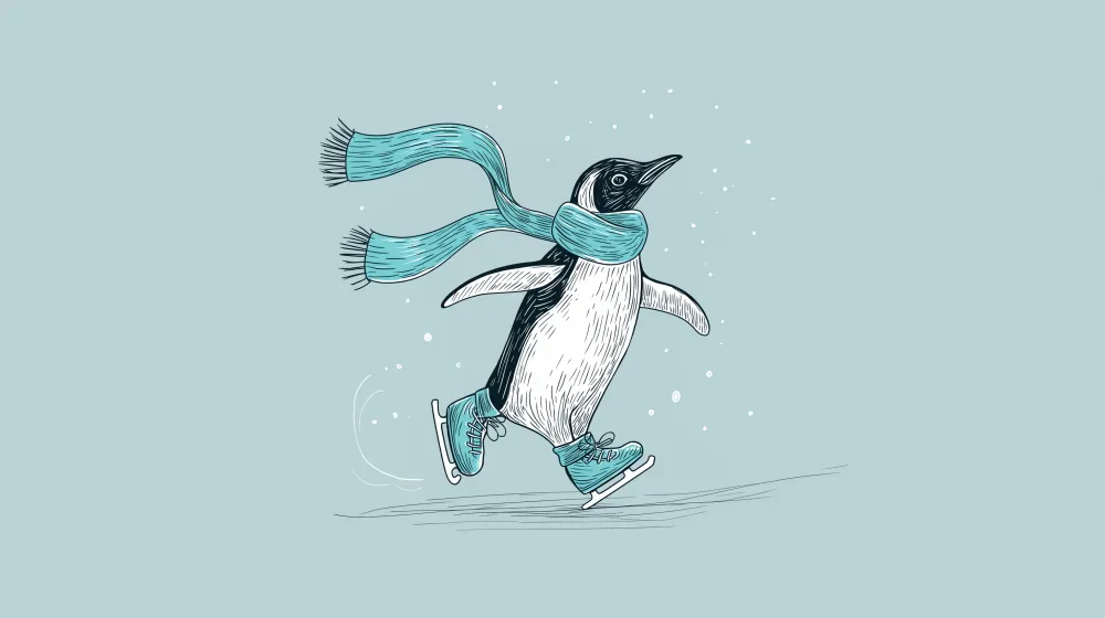 Papier de parede quarto crianç | Pinguim patinando com cachecol em um cenário de inverno
