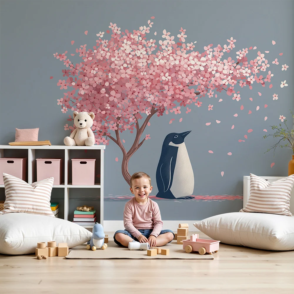 Papier de parede quarto crianç | Pinguim travesso debaixo de uma cerejeira em flor