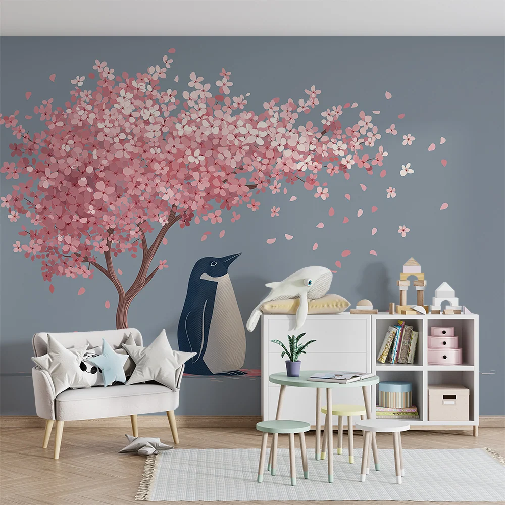 Papier de parede quarto crianç | Pinguim travesso debaixo de uma cerejeira em flor