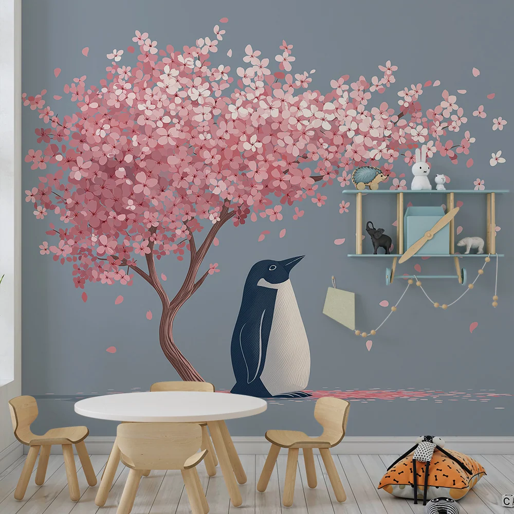 Papier de parede quarto crianç | Pinguim travesso debaixo de uma cerejeira em flor