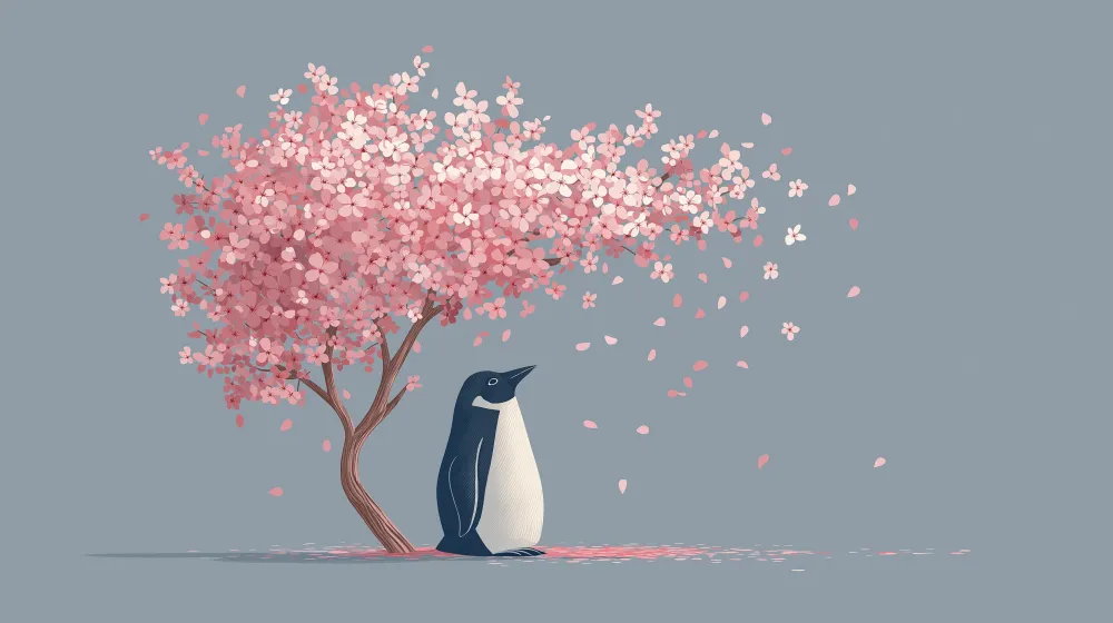 Papier de parede quarto crianç | Pinguim travesso debaixo de uma cerejeira em flor