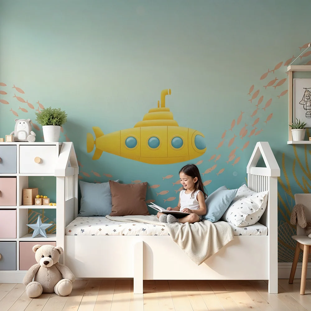 Papier de parede quarto crianç | Submarino amarelo explorando um mundo marinho colorido