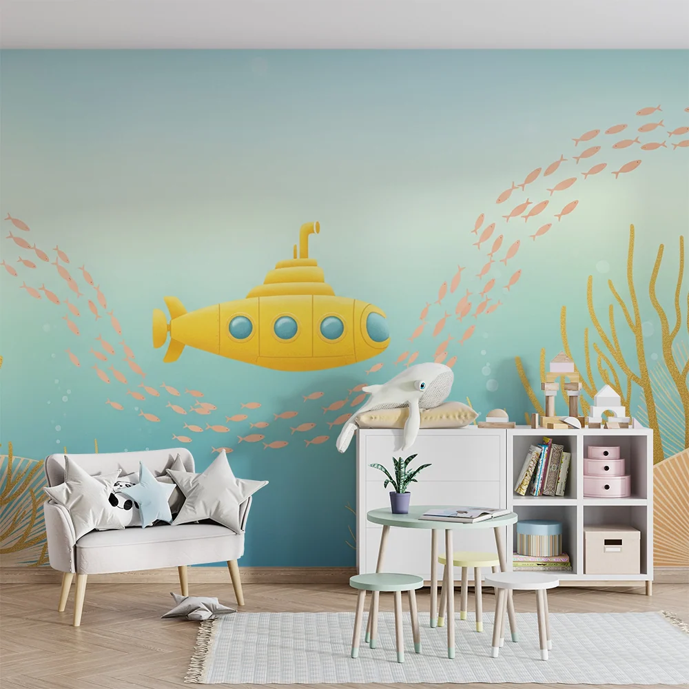 Papier de parede quarto crianç | Submarino amarelo explorando um mundo marinho colorido