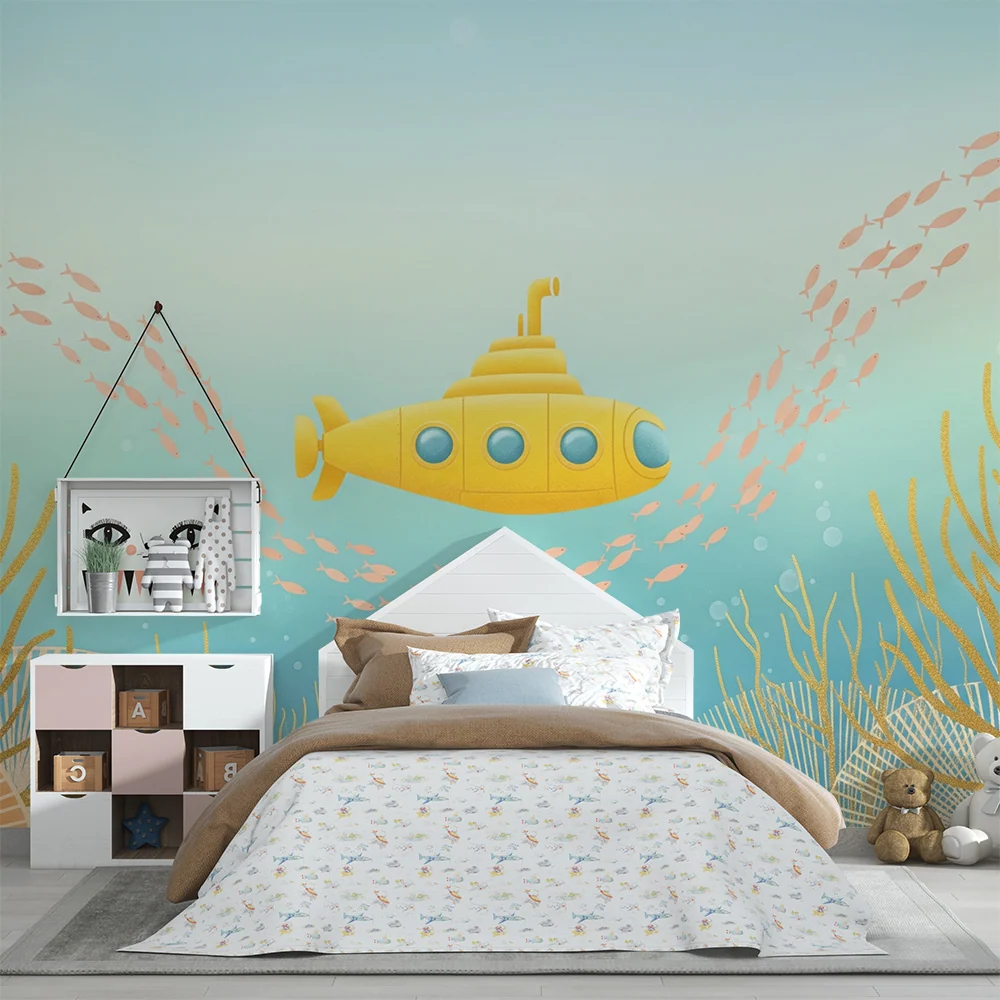 Papier de parede quarto crianç | Submarino amarelo explorando um mundo marinho colorido