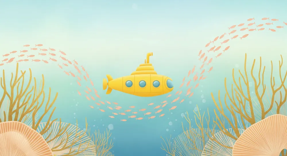 Papier de parede quarto crianç | Submarino amarelo explorando um mundo marinho colorido