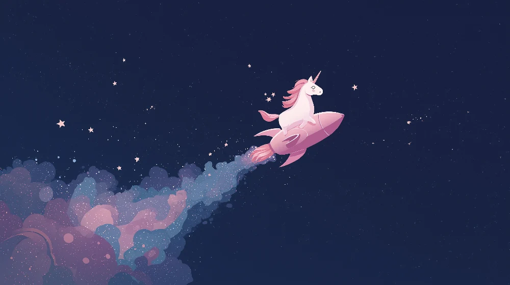 Papier de parede quarto crianç | Unicórnio espacial em um foguete rosa em um céu estrelado