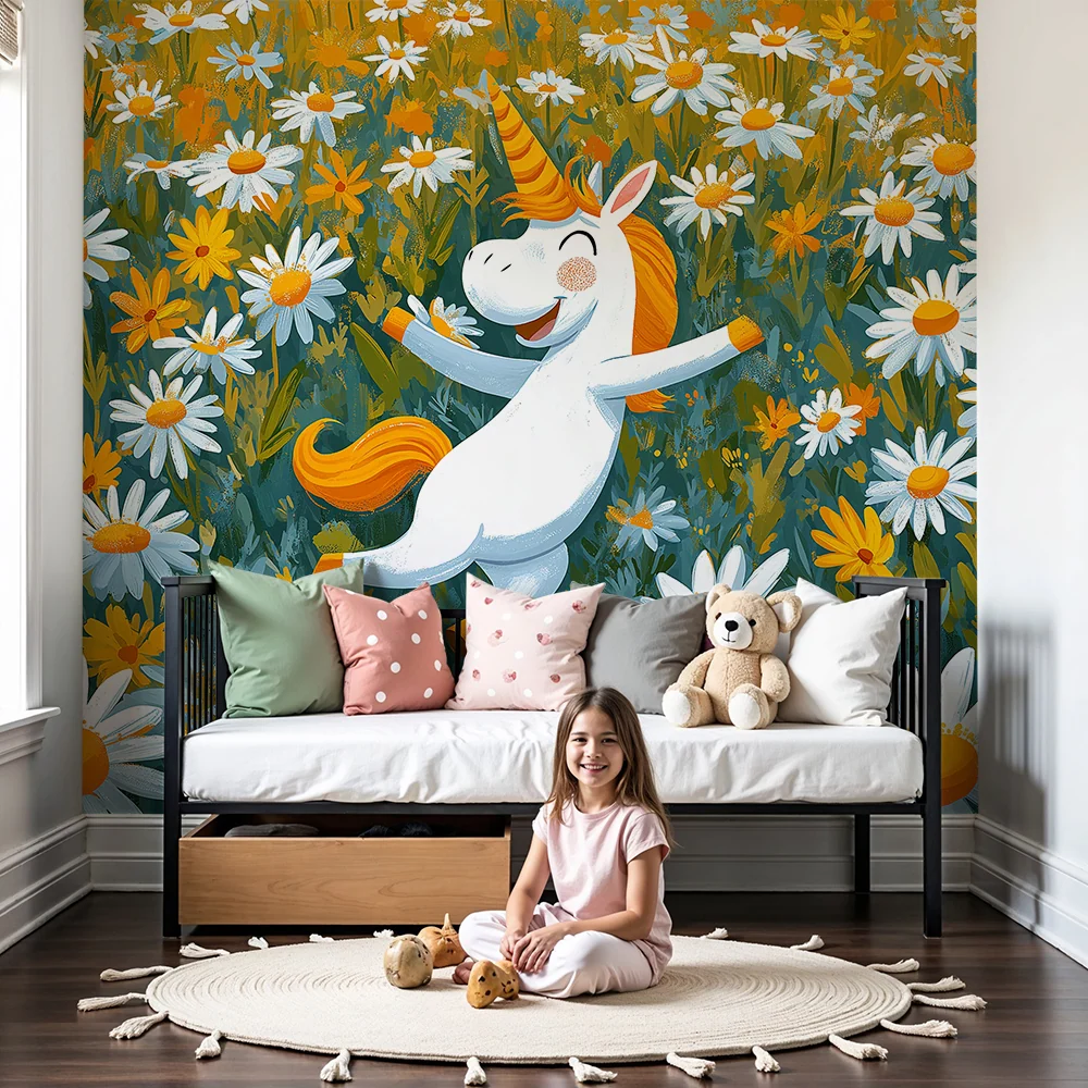 Papier de parede quarto crianç | Unicórnio feliz em um campo de flores