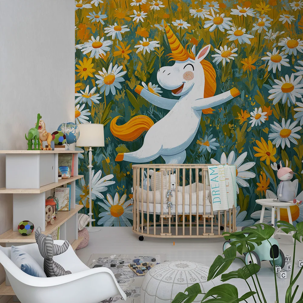 Papier de parede quarto crianç | Unicórnio feliz em um campo de flores