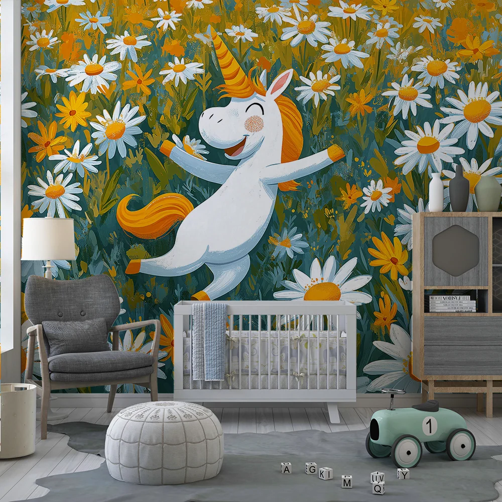 Papier de parede quarto crianç | Unicórnio feliz em um campo de flores