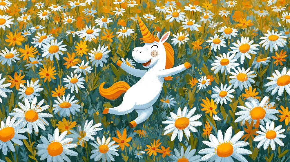Papier de parede quarto crianç | Unicórnio feliz em um campo de flores