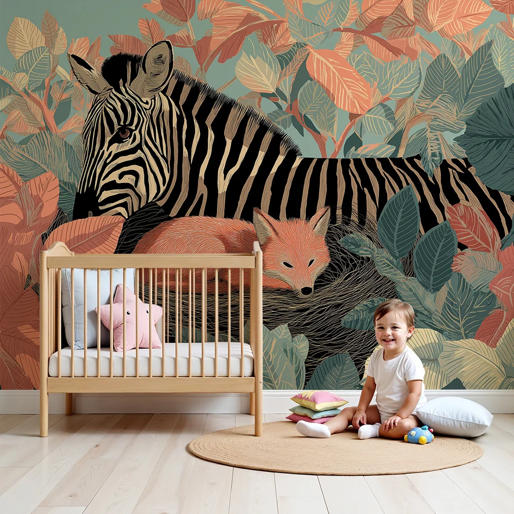 Papier de parede quarto crianç | Zebra e raposa no meio de uma selva colorida