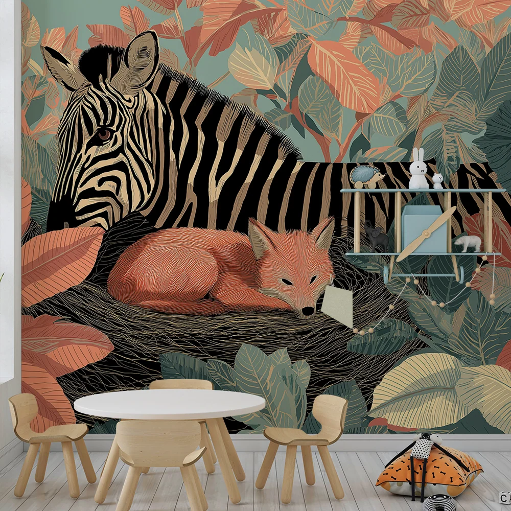 Papier de parede quarto crianç | Zebra e raposa no meio de uma selva colorida