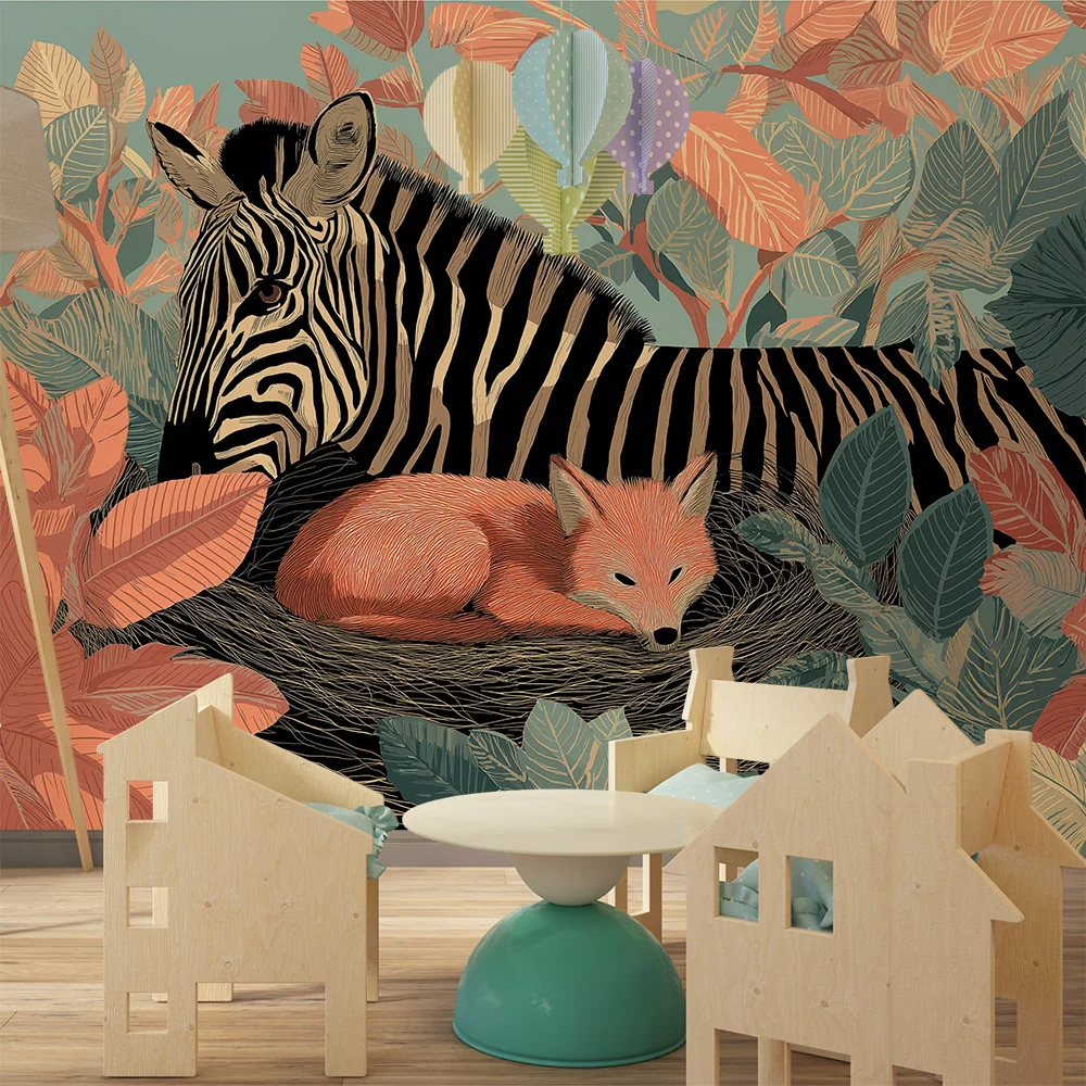 Papier de parede quarto crianç | Zebra e raposa no meio de uma selva colorida