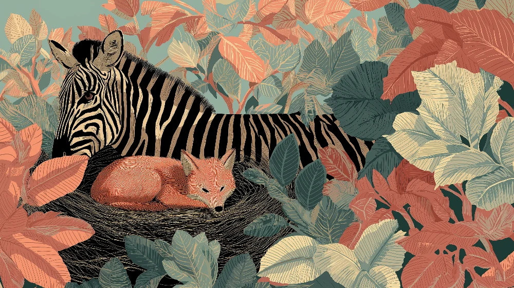 Papier de parede quarto crianç | Zebra e raposa no meio de uma selva colorida