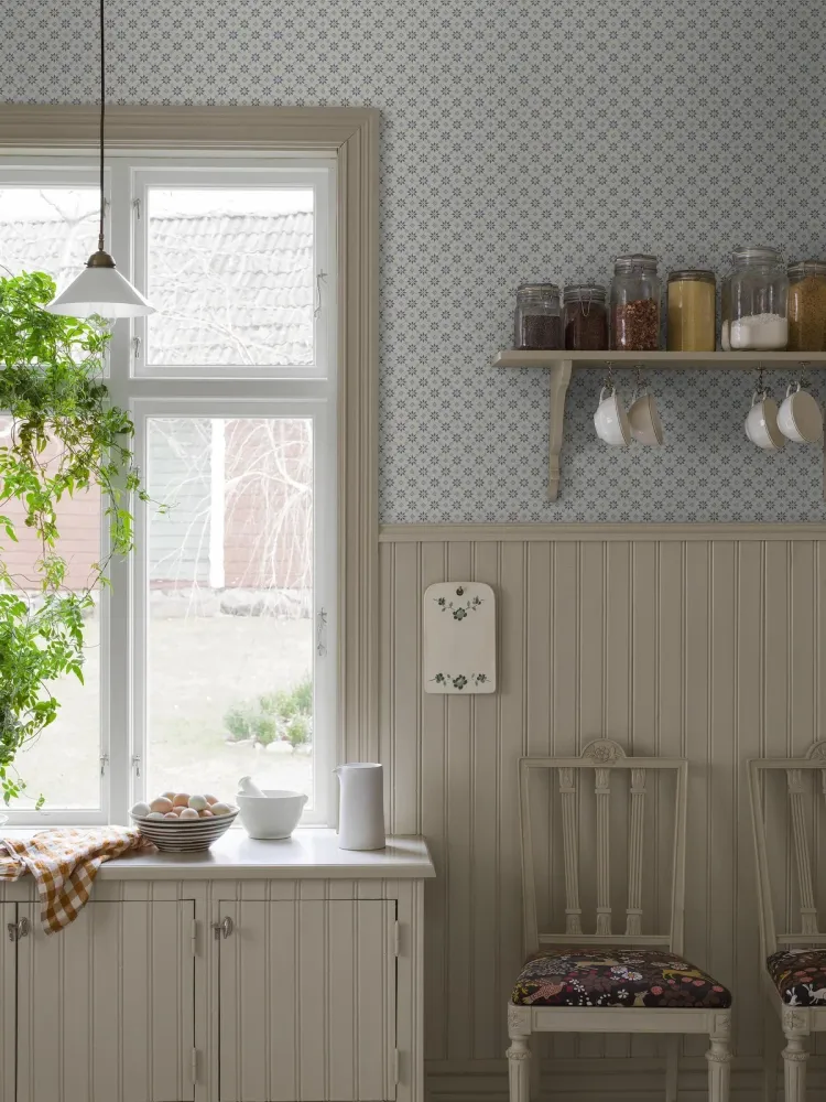 Papírová flizelinová tapeta s geometrickým vzorem STELLA bílá s modrou