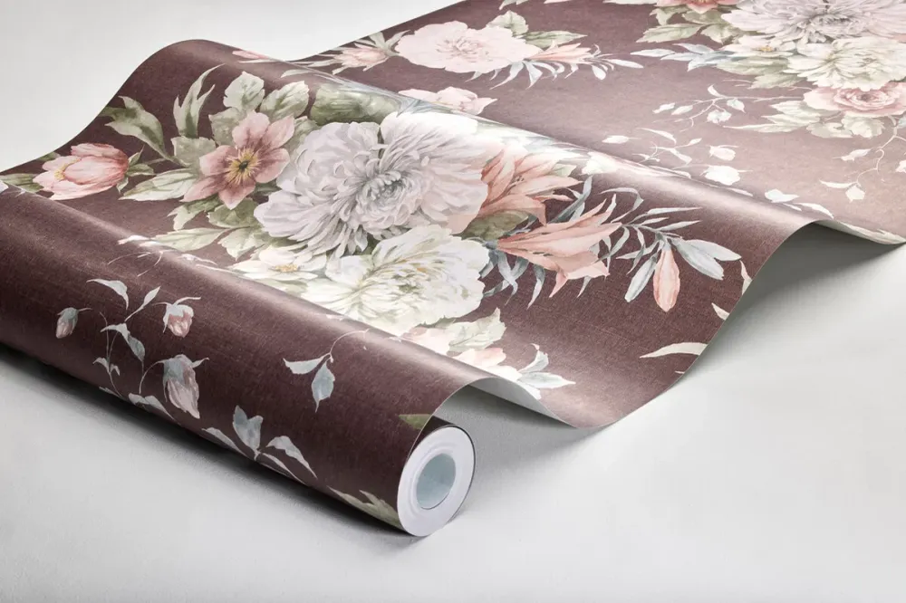 Papírová flizelinová tapeta s rostlinným vzorem FLORAL CHARM burgundská s bílou