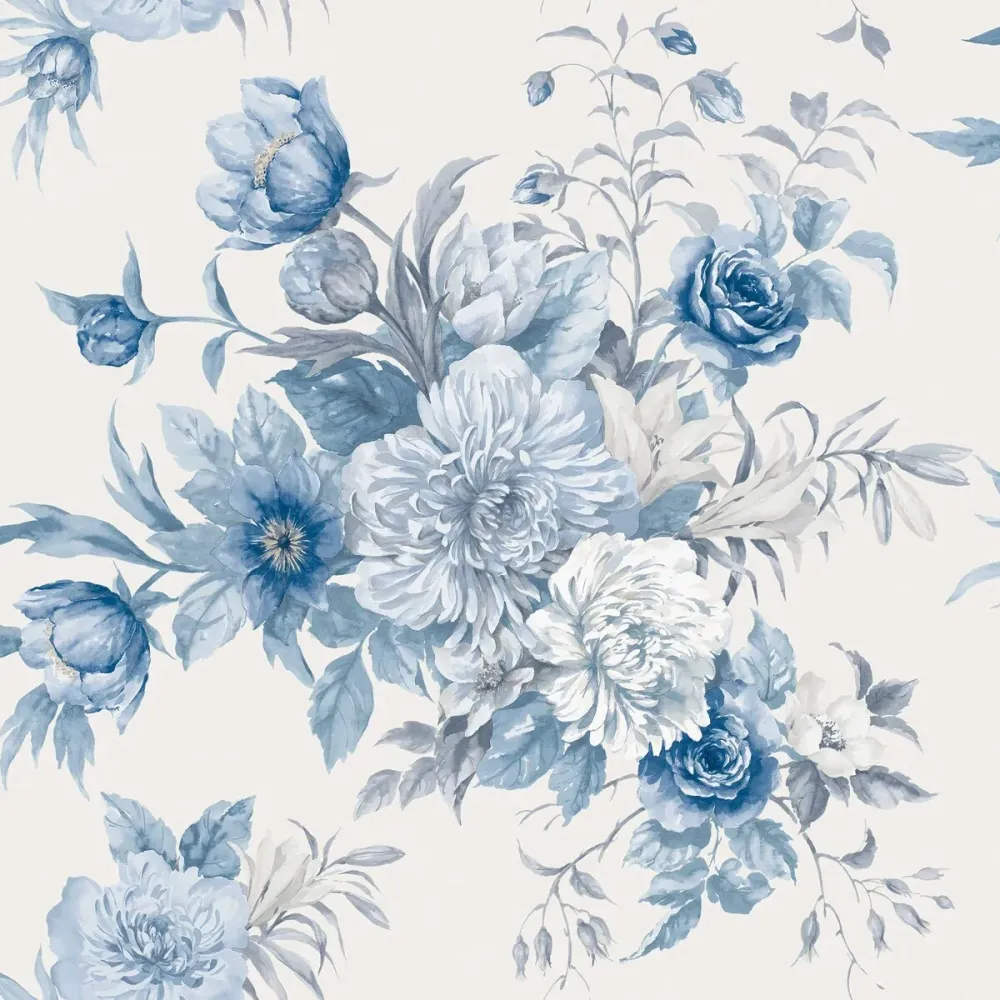 Papírová flizelinová tapeta s rostlinným vzorem FLORAL CHARM teplá bílá s modrou