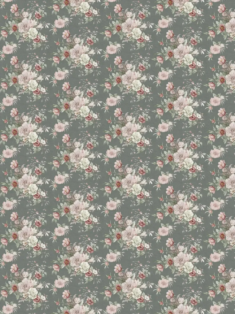 Papírová flizelinová tapeta s rostlinným vzorem FLORAL CHARM tmavě zelená s růžovou