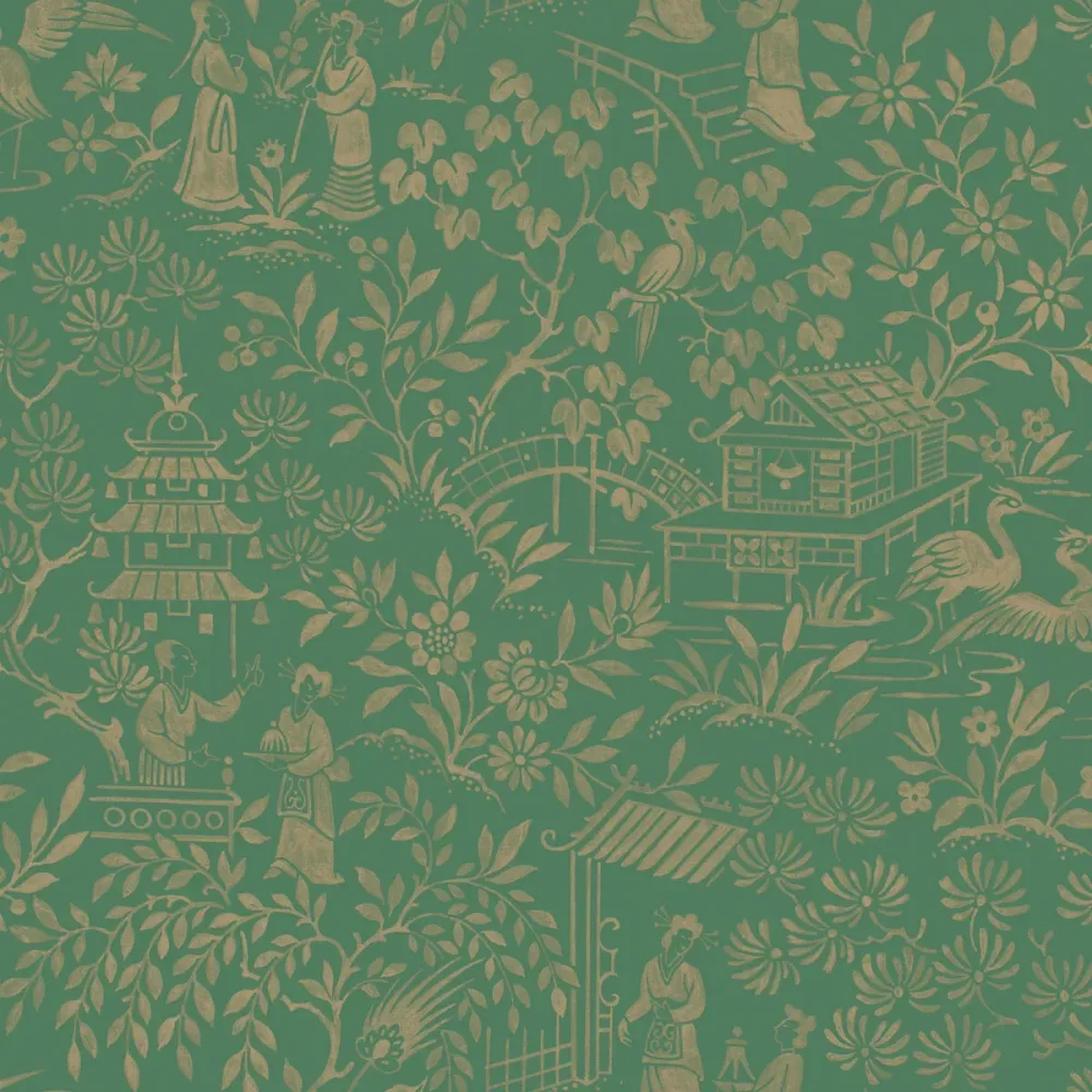 Papírová flizelinová tapeta s rostlinným vzorem ORIENTAL GARDEN zelená se zlatou