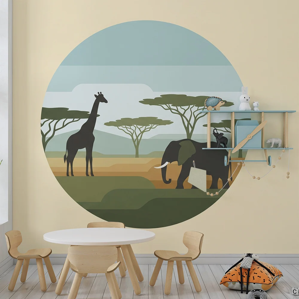 Papírová tapeta dětského pokoje | Žirafa slon v stylizované africké krajině