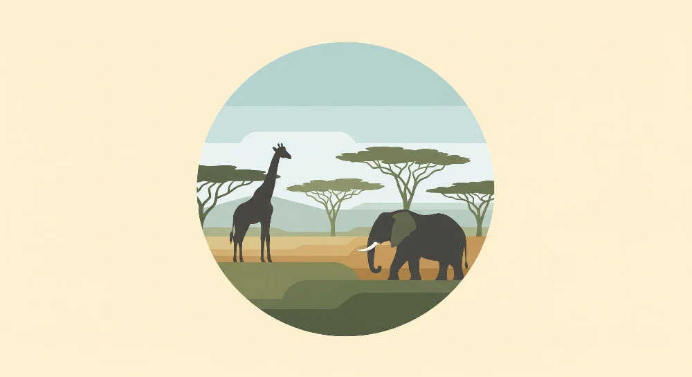 Papírová tapeta dětského pokoje | Žirafa slon v stylizované africké krajině