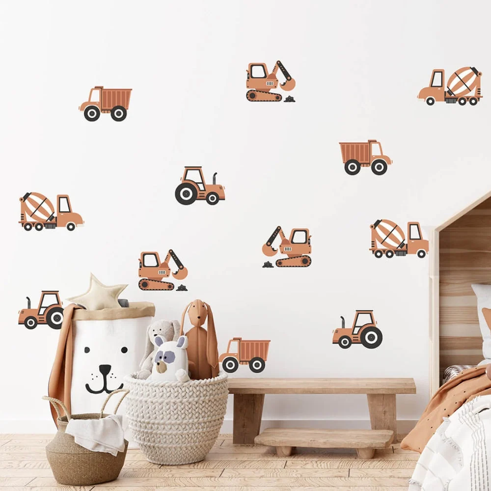 PASTELOVELOVE samolepky na zeď pro děti stavební vozidla boho