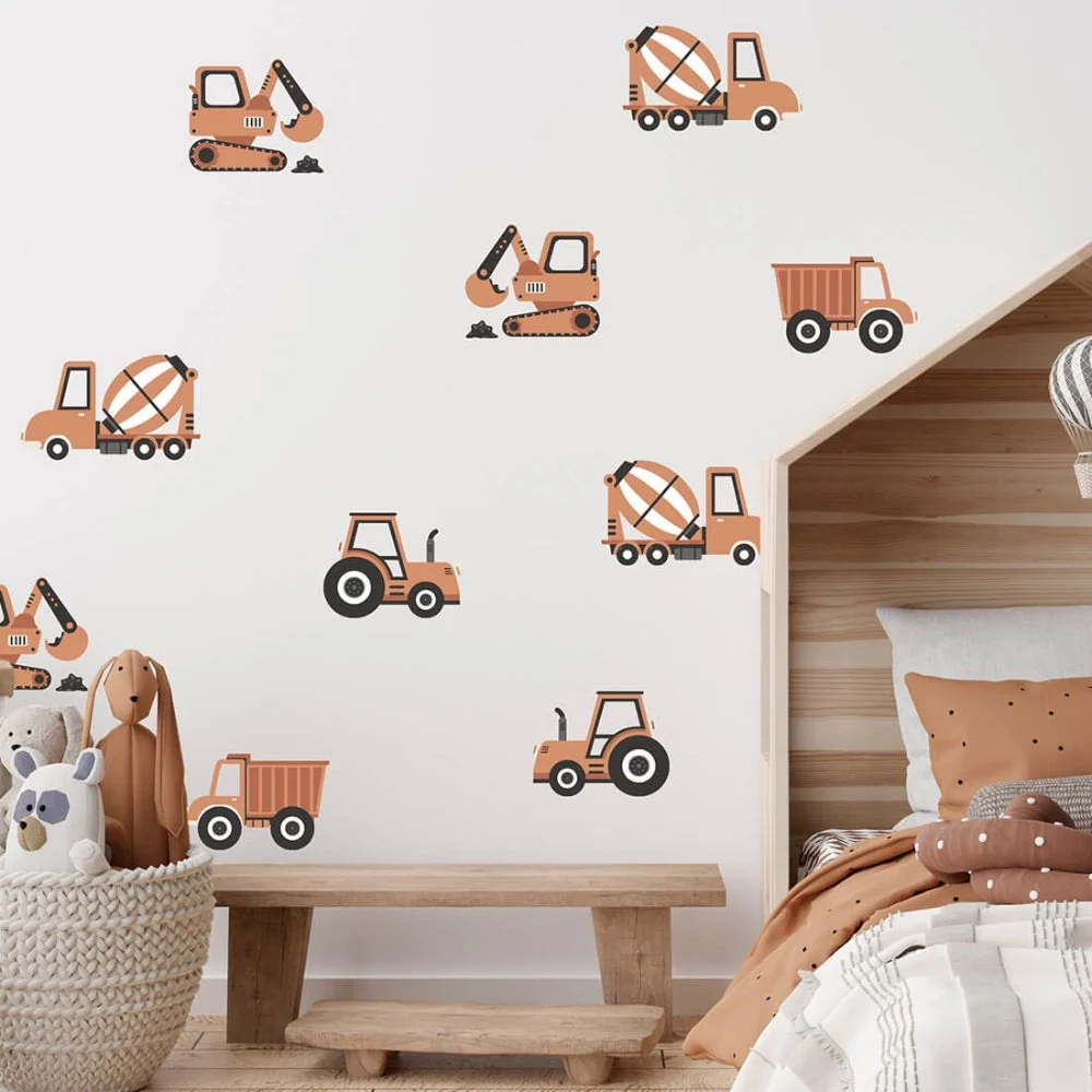 PASTELOVELOVE samolepky na zeď pro děti stavební vozidla boho