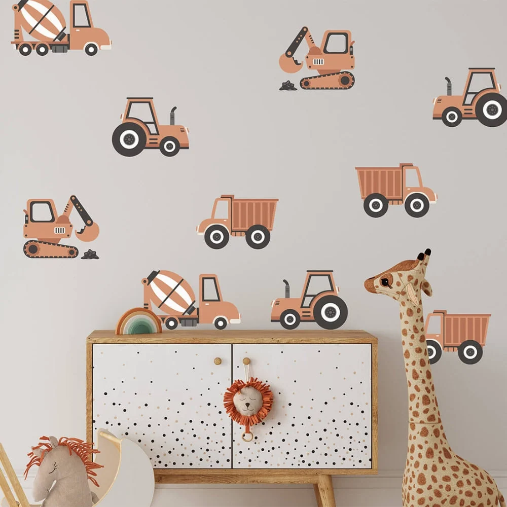 PASTELOVELOVE samolepky na zeď pro děti stavební vozidla boho