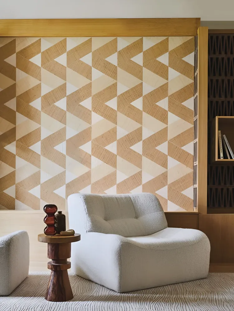 Přírodní tapeta s geometrickým vzorem z rafie SOLAL - NATUREL světlá hnědá s béžovou