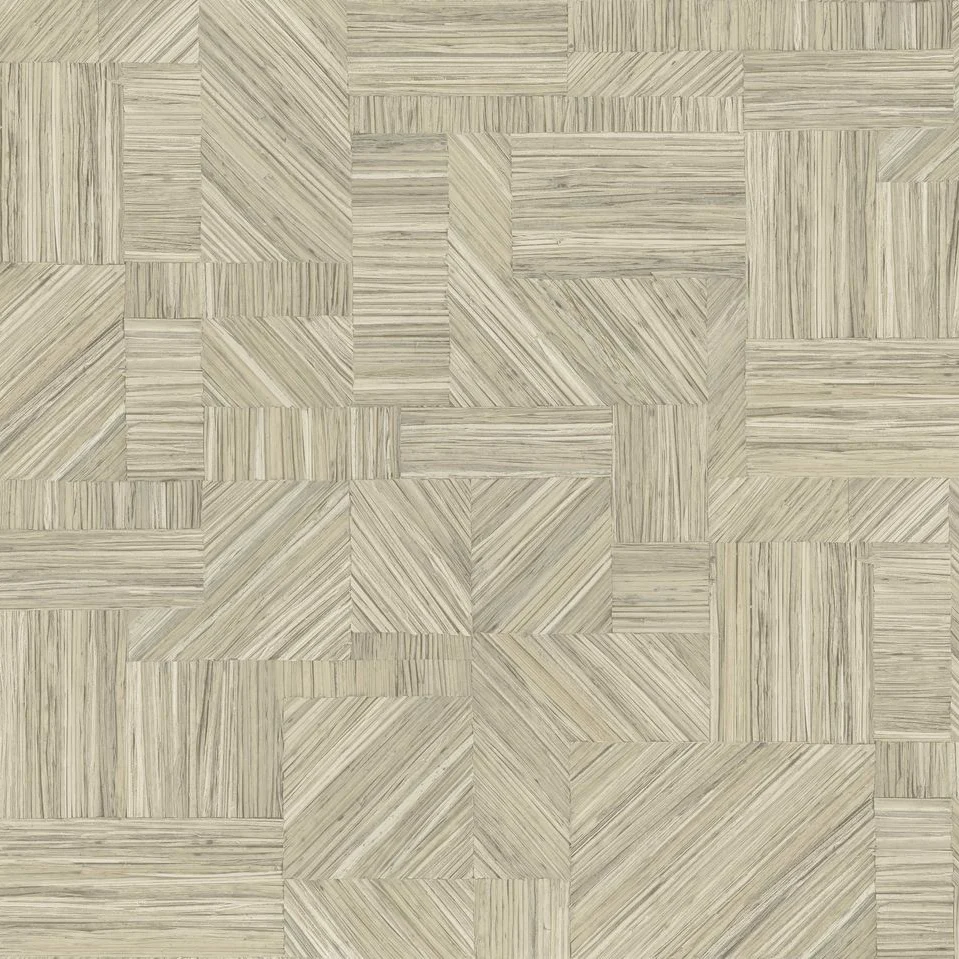 Strukturovaná geometrická tapeta napodobující slámový patchwork IMBRICATION - GALET šedobéžový