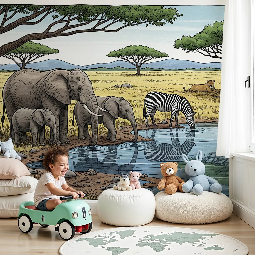 Tapeta dětského pokoje | Africká safari s slony, zebrami lvy