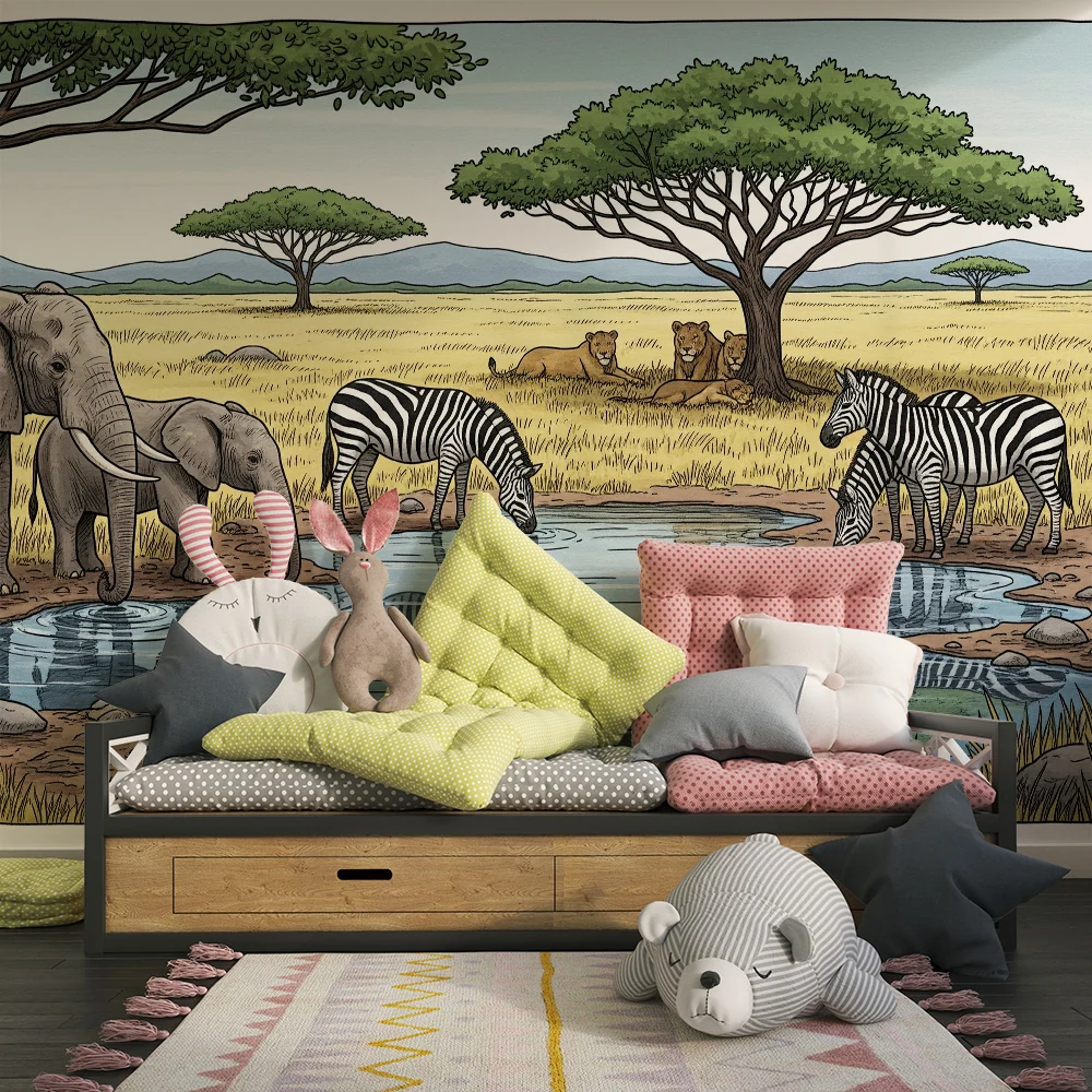 Tapeta dětského pokoje | Africká safari s slony, zebrami lvy